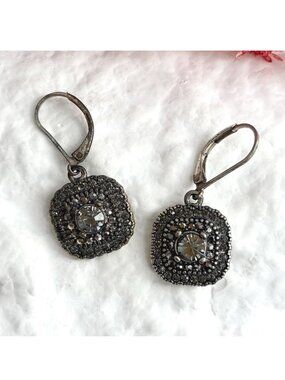 Quartz Accented Multi Stone Square Gunmetal Colored Silver Toned Earrings